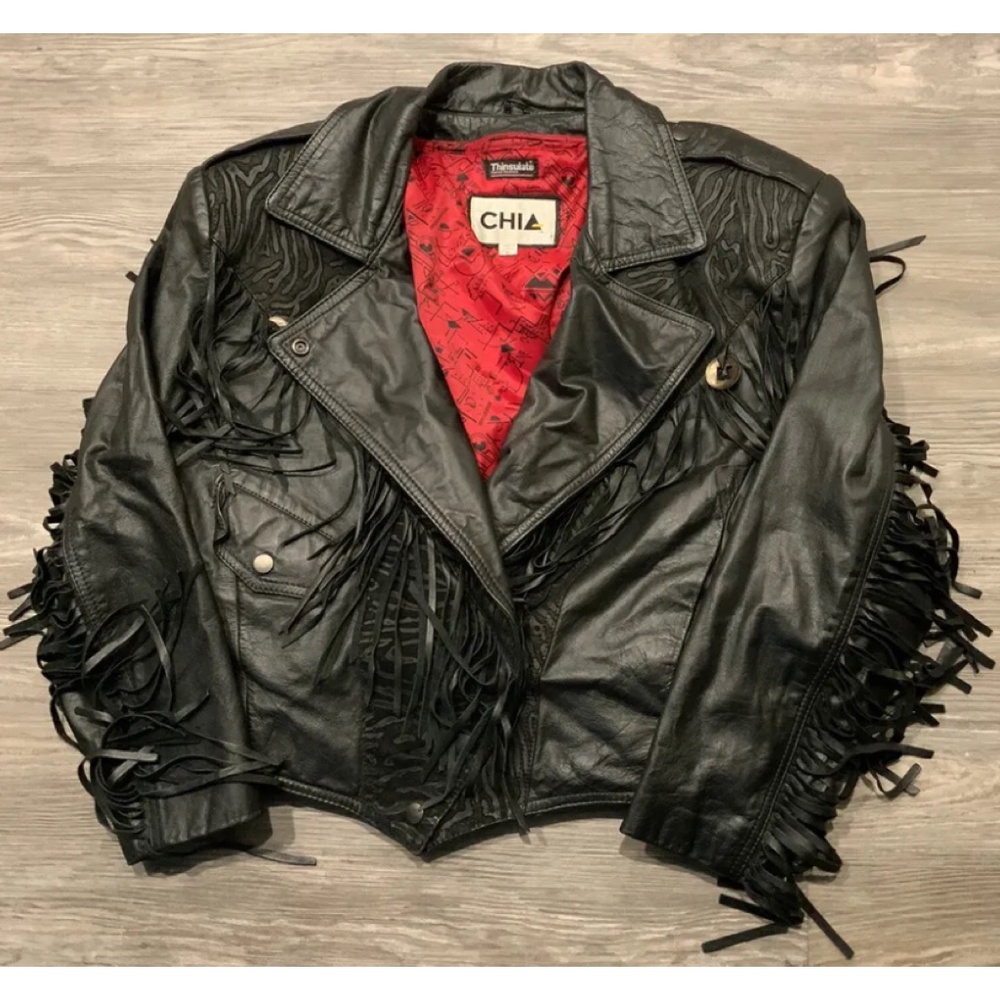Vintage  80’s Chia Black Leather Fringed motorcycle Leather Suede Jacket XL